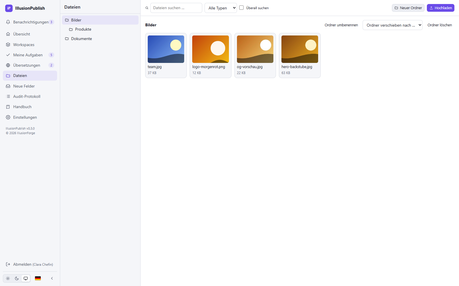 IllusionPublish: Dateigalerie mit Ordnerbaum und Bildern des CMS