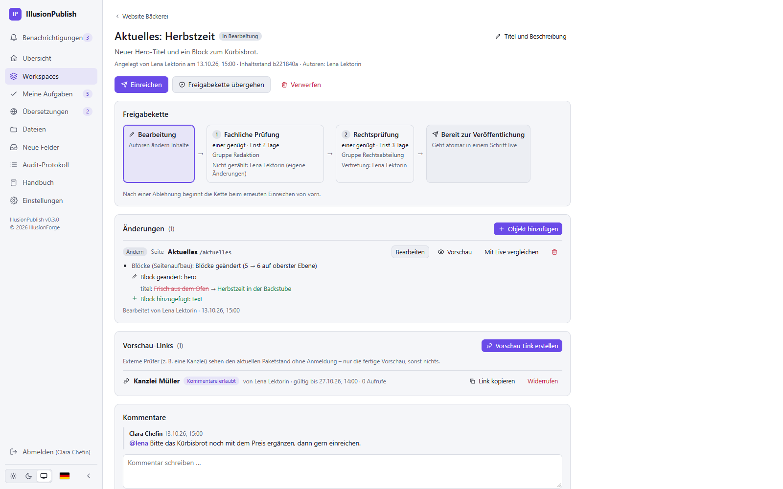 IllusionPublish: Paket mit Freigabekette, Änderungsliste, Vorschau-Links und Kommentaren
