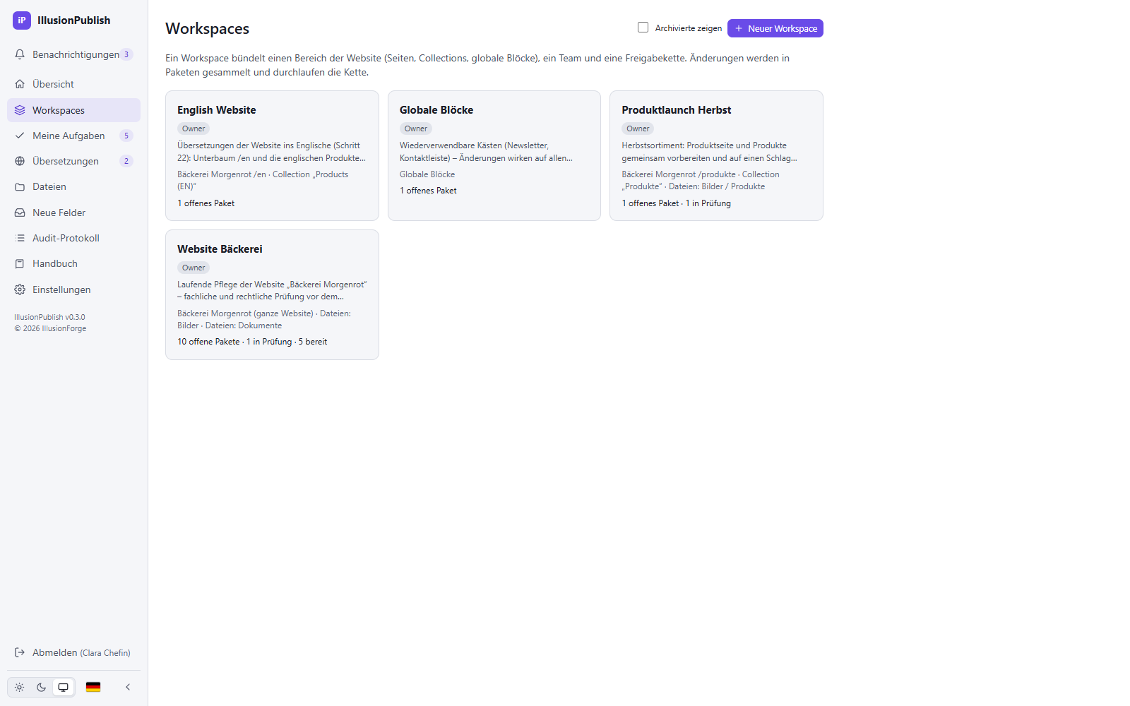 IllusionPublish: Workspaces mit Bereich, Team und offenen Paketen
