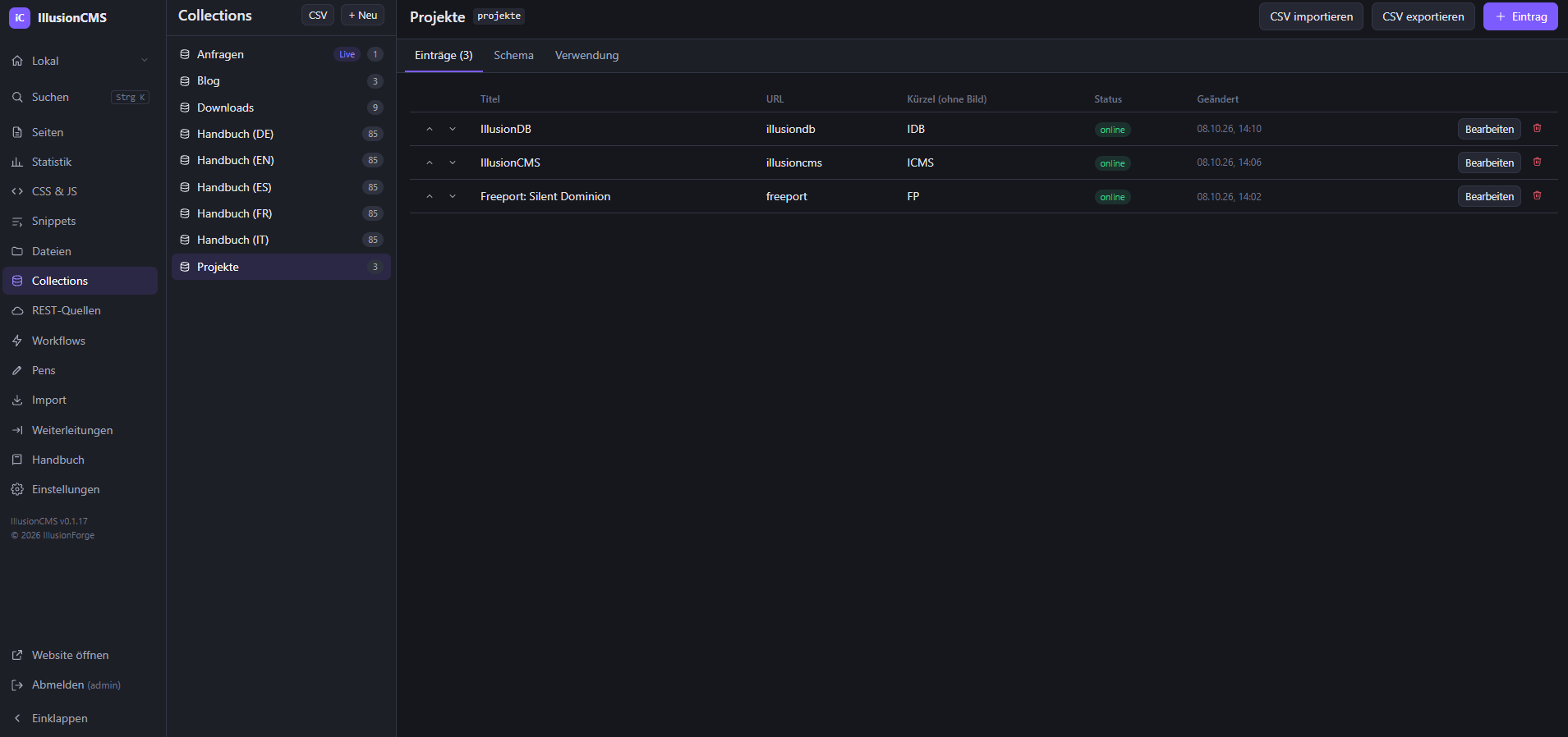 IllusionCMS CMS Modul mit Content Collections
